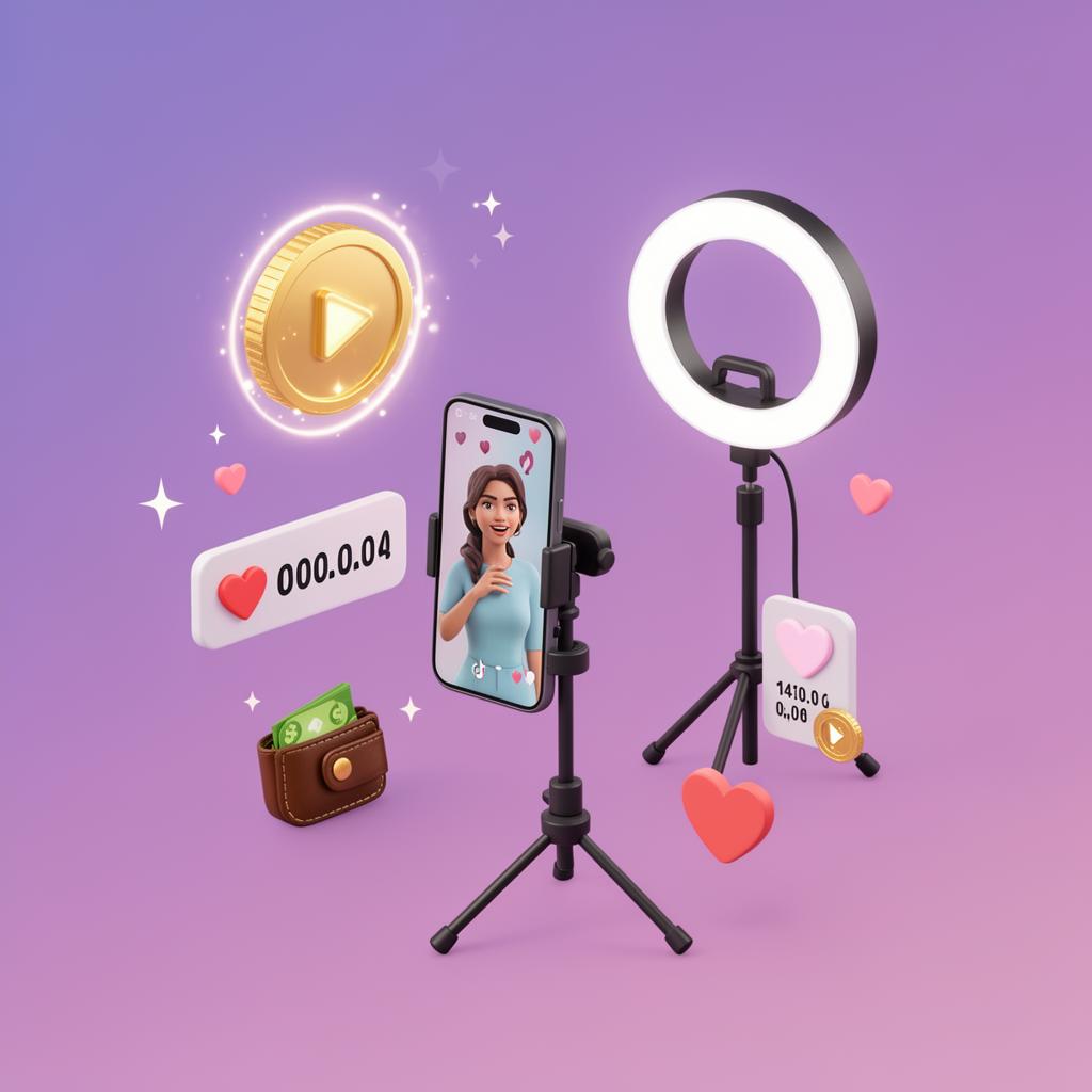 Creatore di TikTok che riprende un video brandizzato, circondato da ricompense JoyBack, contatori di visualizzazioni e un portafoglio che riceve pagamenti